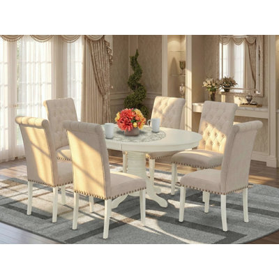 7 Piece Kitchen Table Set Consist of an Oval Dining Room Table with Butterfly Leaf and 6 Light Beige Linen Fabric Parson Chairs, Linen White