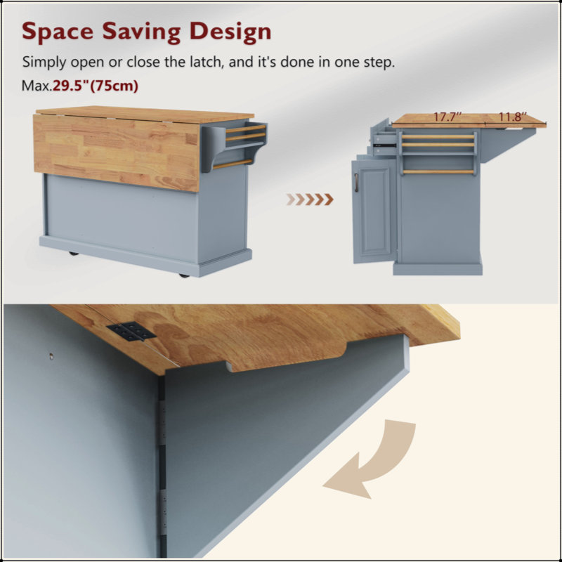 54Inch Large Kitchen Island With Rubber Wood Drop Leaf, Embossed Texture Rolling Kitchen Cart On 4 Wheels With 4 Doors And 3 Drawers, Kitchen Island With Storage For Kitchen, Dining Room
