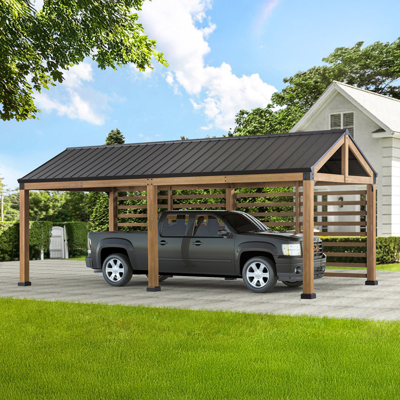 SUNJOY Newville 10.1 ft. x 21.6 ft. FSC Wood Carport with Privacy Wall and Rain Gutter, Outdoor Cedar Gazebo Pavilion with Hardtop Galvanized Steel Roof, Shade for Backyard, Patio Lawn and Garden