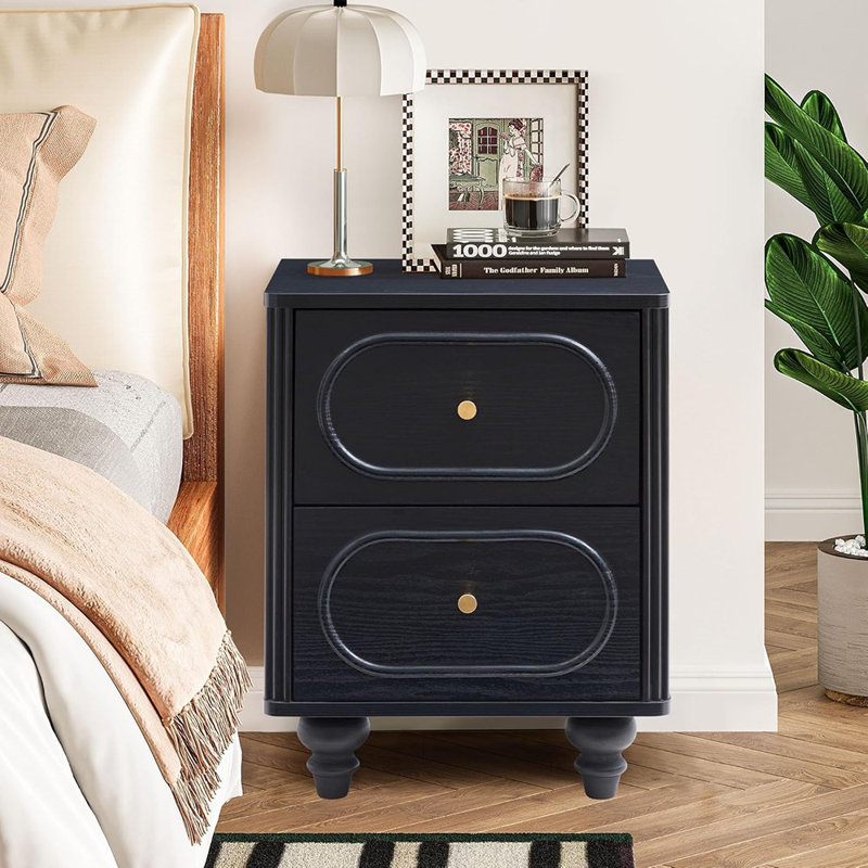 Black Wood 2 Drawer Fluted Nightstand Set with Conical Legs