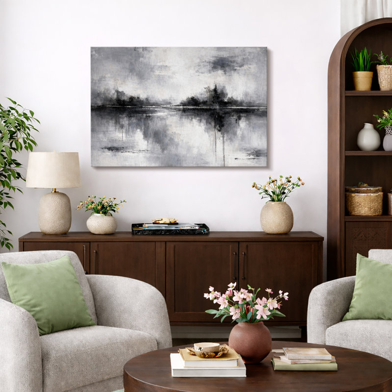 Abstrait noir gris Misty Reflection, œuvre d'art de chambre contemporaine, impression sur toile encadrée, Toile tendue