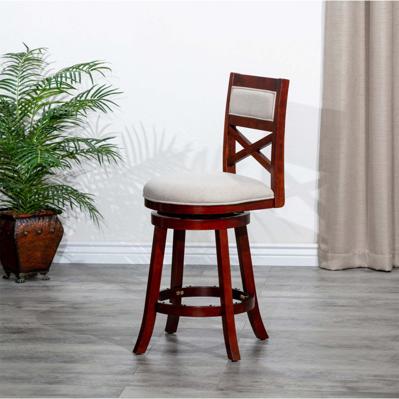 Tabouret de bar pivotant à dossier en X, siège en tissu, Beige, Cerisier