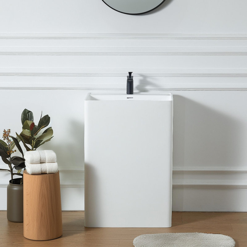 Cpingao 35" H White Stone Resin Rectangular One-Piece Freestanding Pedestal Bathroom Sink 