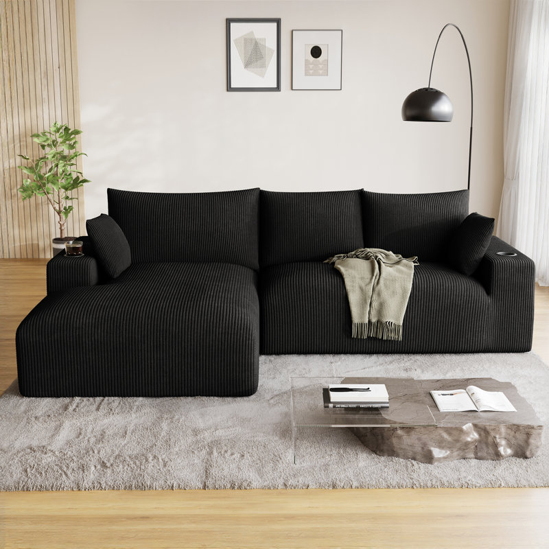 Adame Oversized Corduroy Modular Sectional Sofa with Deep Chaise Dual Cup Holders and No Assembly, Left Hand Facing, Black