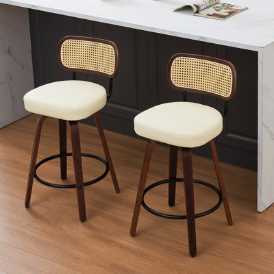 Modern Swivel Bar Stool Set Walnut Premium Bar Stools Upholstered Faux Leather Counter Height Bar Stools, Mid Century Modern Bar Stools