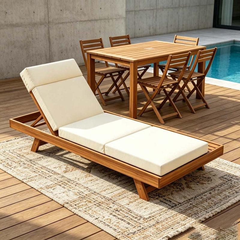 Méridienne pliable en bois d'acacia avec dossier réglable, Crème, pliable en 3 et 4 pouces