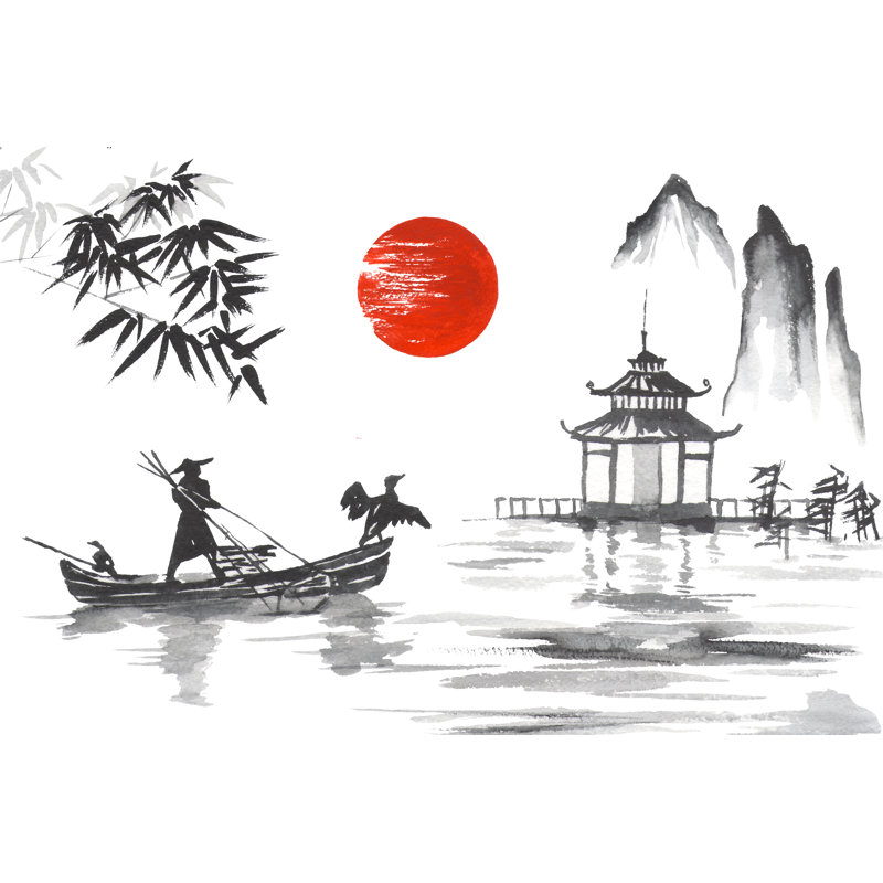 Sumi-E Art Man With Boat - Wrapped Canvas Art Prints, 20cm H x 30cm W x 3.8cm D