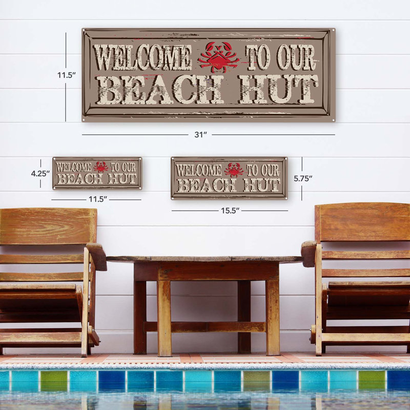 «Welcome To Our Beach Hut Metal» sur métal, H 4,25 po x l 11,5 po