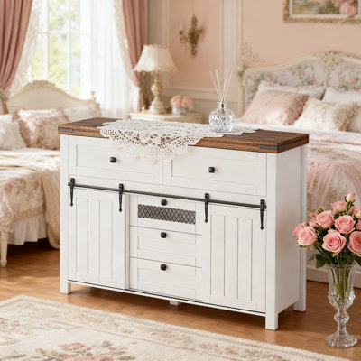 Farmhouse Buffet Cabinet With Sliding Barn Doors, 5-Drawer Sideboard Storage With Adjustable Shelves For Dining Room, Living Room, And Kitchen