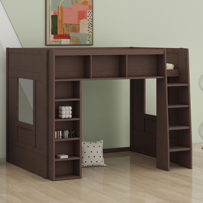 Lit mezzanine en bois avec armoires de rangement et tablettes, Brun