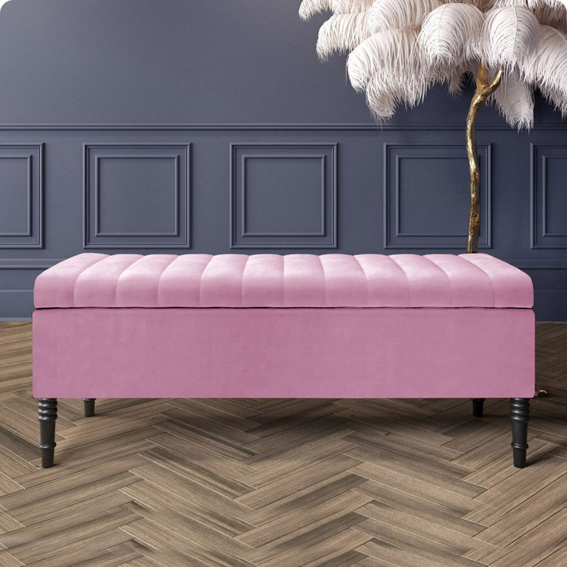Paris Striped Ottoman Storage Bench - Upholstered Plush Velvet Shoes Bench with Black Turned Wooden Legs, Pink