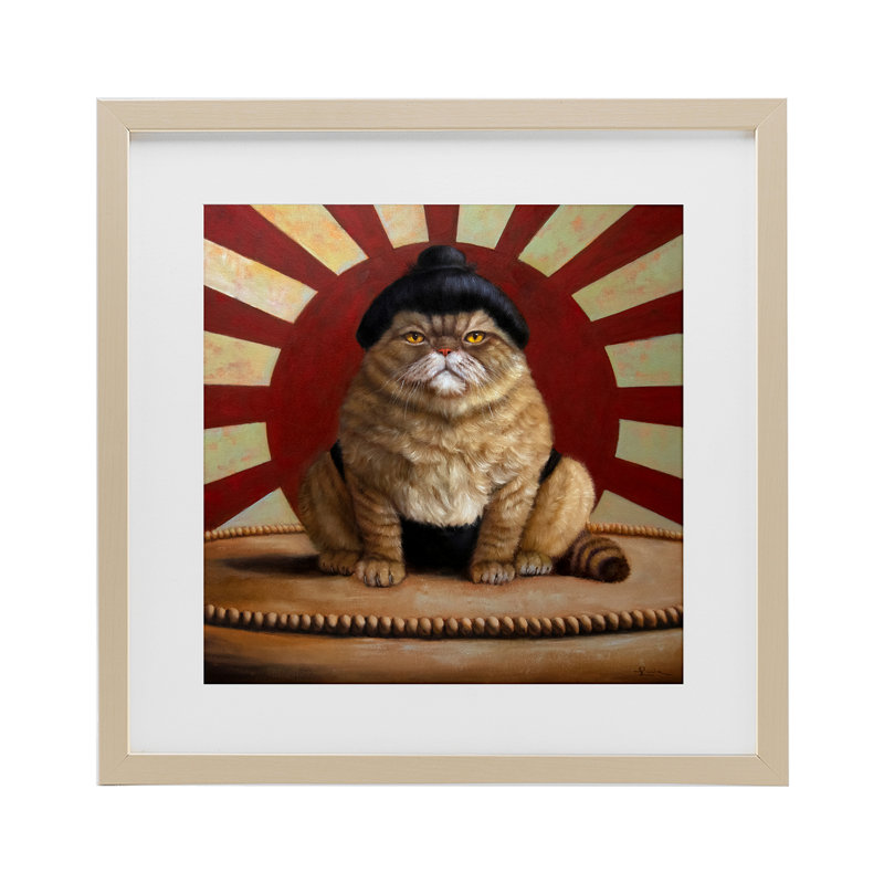 «Sumo Cat with Sun Rays», reproduction encadrée sous verre, conception de Lucia Heffernan, Récolte de pin sous cadre en verre