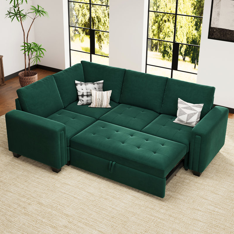 Shavera Velvet Modular Sectional L-Shaped Sleeper Sofa Bed For Apartment, Green Velvet