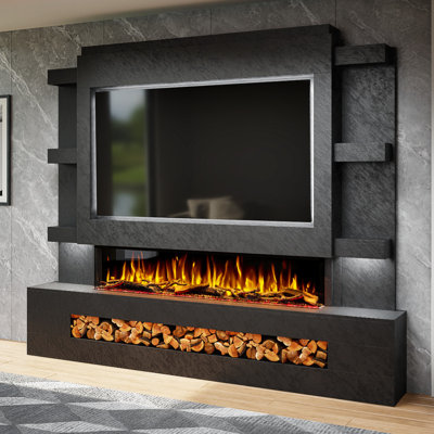 Evolution Fires Pre-Built Media Wall Package 15, finished in textured Venetian Plaster, includes Spectrum Series 60 Series 3-Sided Electric Fireplace