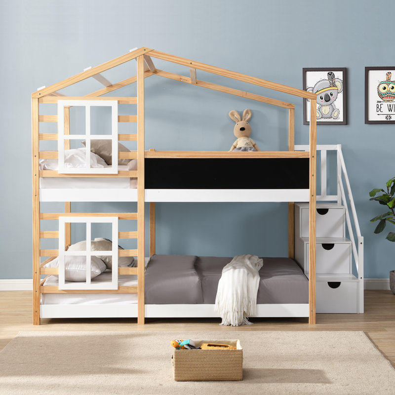 Bunk Bed House Bed With Roof Windows Blackboard And Storage Ladder  Platform Bed,bed Frame, Full over Full