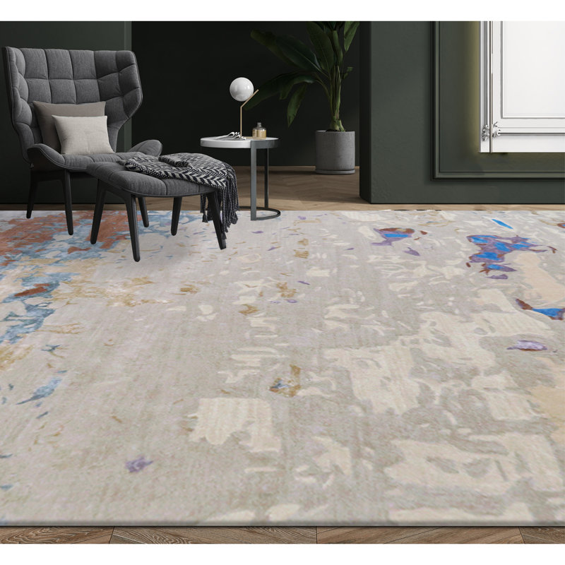 Abstract Area Rug in Gray/Blue/Brown, Rectangle 5' x 8'