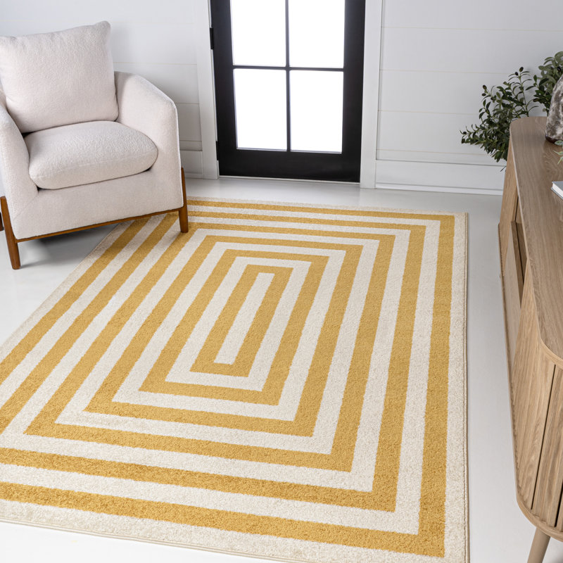 Isibeal Modern Classic Mitre Stripe Yellow/Ivory Rug, Rectangle 3' x 5'