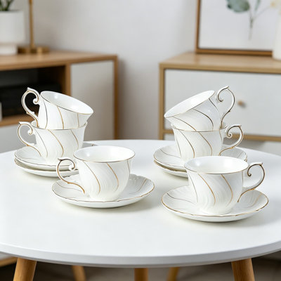 Porcelain Tea Cups Set of 6 with Saucers, 6 oz for Tea, Coffee, Latte, Cafe Mocha, White with Gold Thread Design