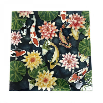 Gold Fish In Lotus Pond Porcelain Tile Wall Decor