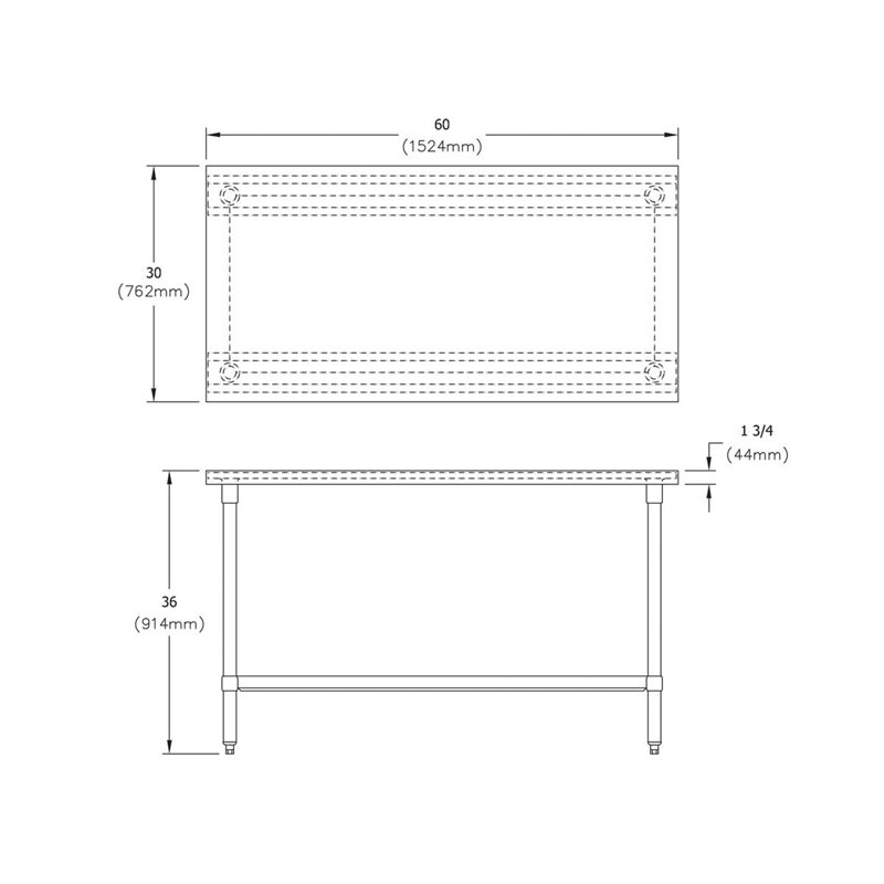 Tables de travail en acier inoxydable, H 36 po x l 60 po x P 30 po