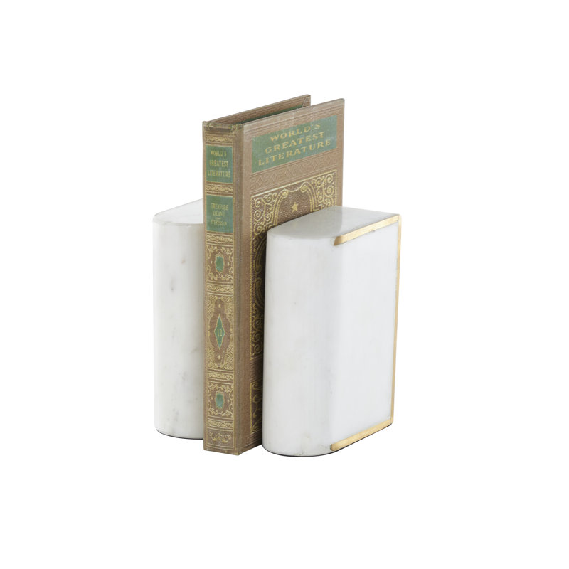 Marble Curved Rectangular Decorative Bookends with Gold Accents Set, White