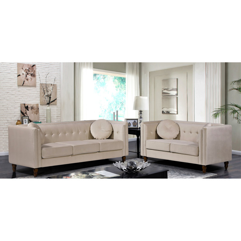 Canapé 2 places Chesterfield, Velours ivoire