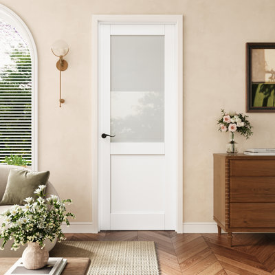 Porte pré-suspendue intérieure en verre givré 28 po x 80 po avec charnières noires, charnière de porte d'intimité en verre avec cadre, porte intérieure comme porte de garde-manger, porte de chambre à coucher, porte de buanderie, portes de placard, portes de pièce, droite