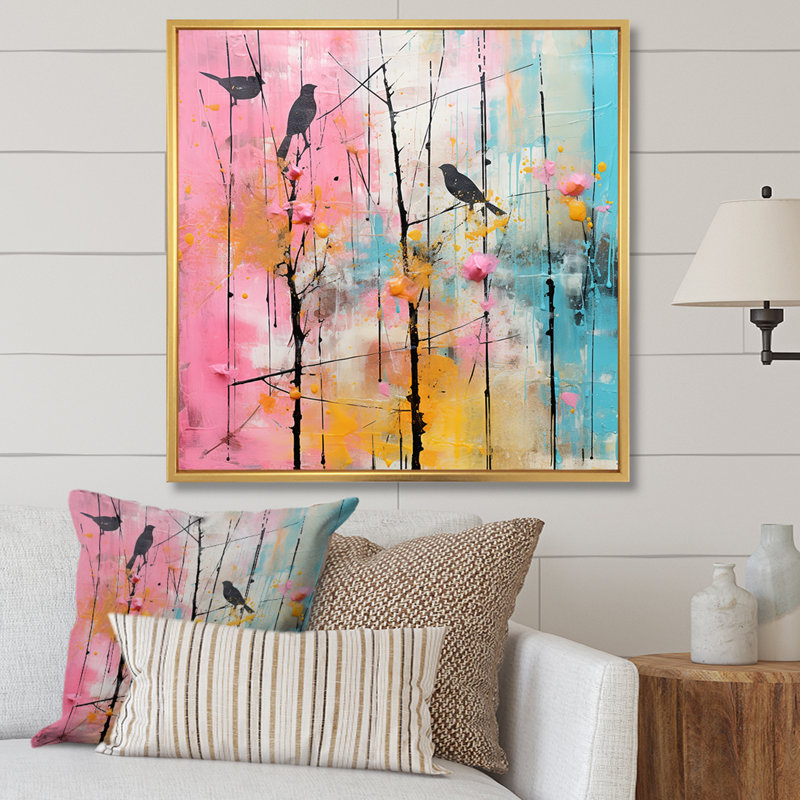 Oiseau sur palette rose et bleue - Art mural, Or, H 16 po x l 16 po
