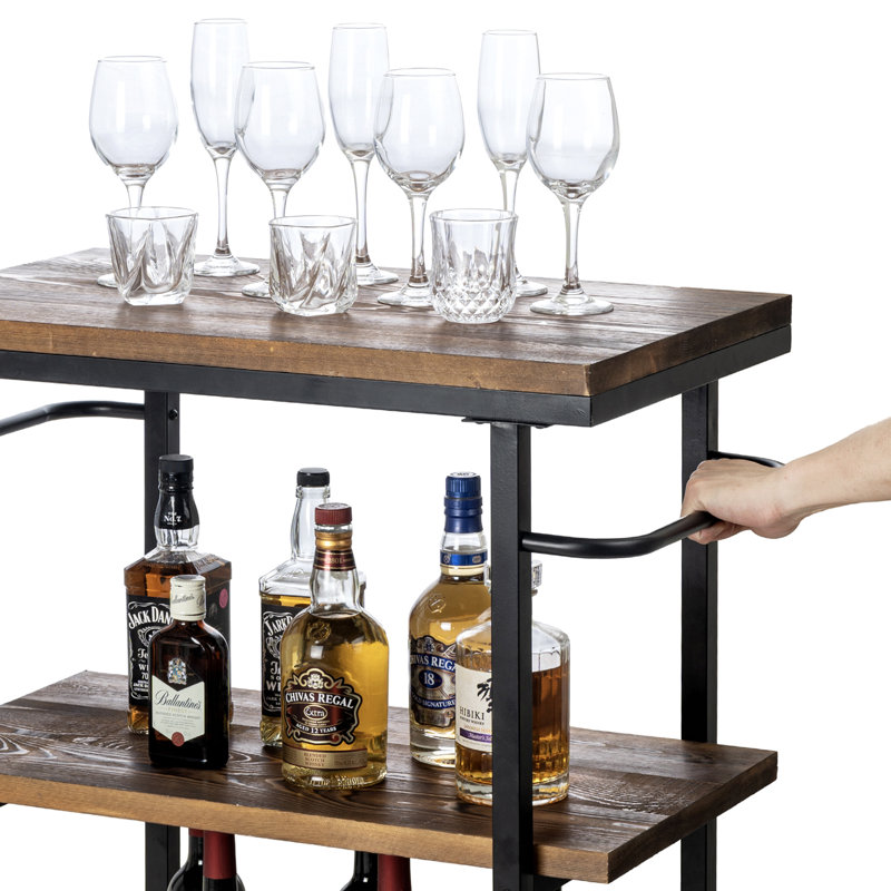 Industrial Wood 3 Tier Bar Beverage Cart Serving Cart