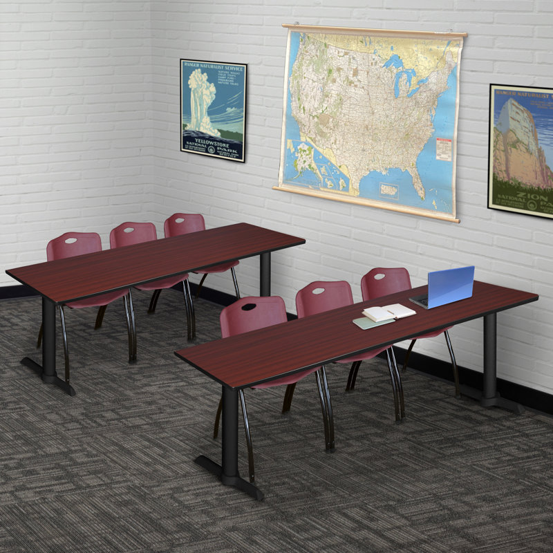 Cain T-Base Training Seminar Table & 3 M Stack Chairs, Burgundy, Cherry