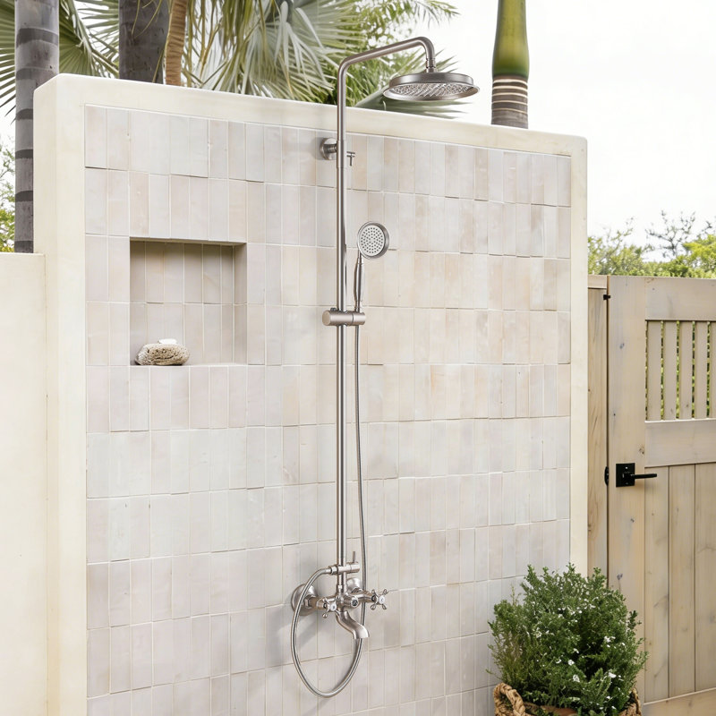 Douche d'extérieur murale 3 fonctions rétro industrielle avec lavage des pieds et douche à main, Nickel brossé