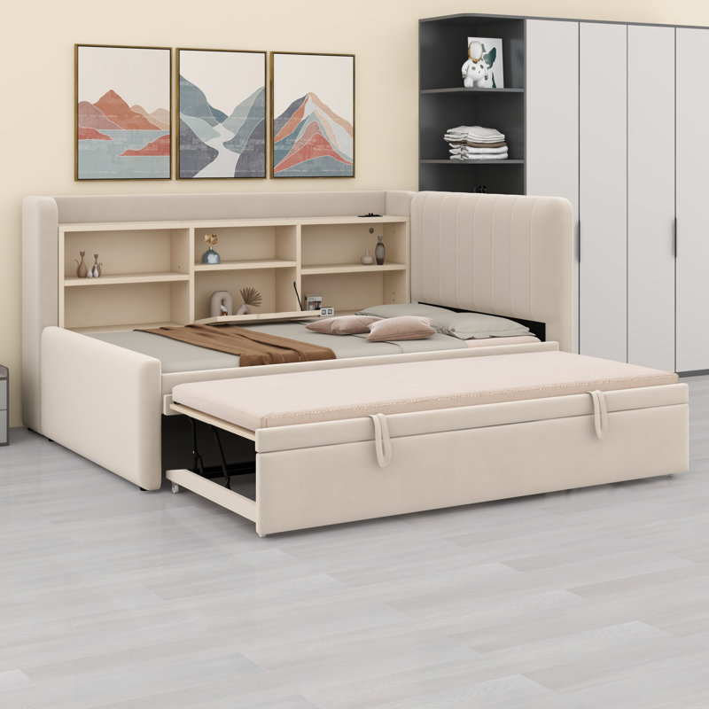 Modern Upholstered Daybed with Trundle, Storage Shelves, USB  and Outlet