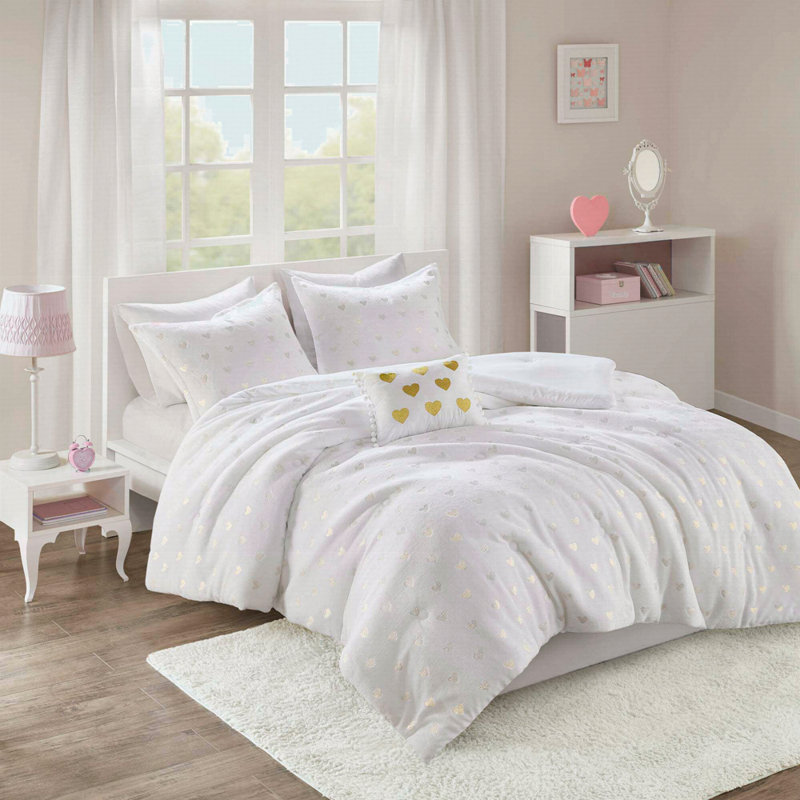 Metallic Printed Polyester Comforter Set With Throw Pillow, Full/Queen Comforter + 3 Additional Pieces, White
