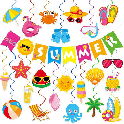 61 Pcs Summer Party Decorations, Hello Summer Banner With Beach Pool Hanging Swirl Decorations For Tropical Luau, Pool Party, Bbq, Birthday, Home, Office, School & Classroom Decor