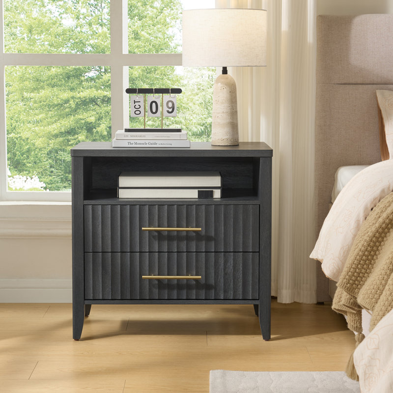 Aaryahi 27inch Fluted 2 Drawers Nightstand Black - 1PCS, Black, Individual