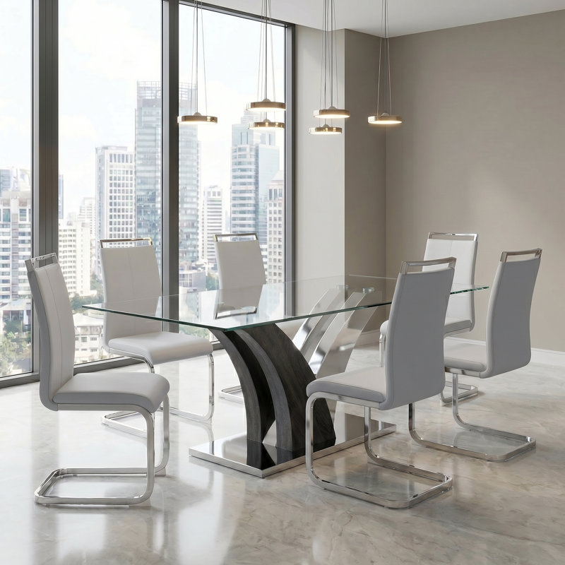 Modern 7-Piece Dining Set with Faux Leather Chairs and Rectangle Tempered Glass Table, Light Gray
