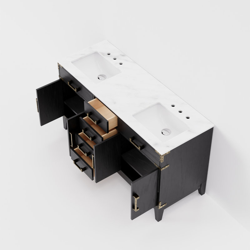 Plateau de meuble-lavabo double l 60 po x P 22 po Laurel, Chêne noir, Marbre de Carrare blanc