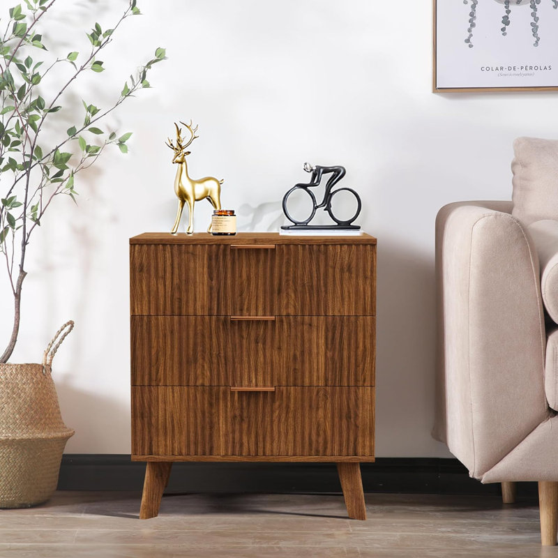 Table de chevet moderne Mid-Century avec 3 tiroirs, pieds en bois massif, finition noyer, table de chevet contemporaine pour chambre à coucher, salon, dortoir