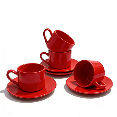 Service de 4 tasses à expresso en céramique rouge avec soucoupes