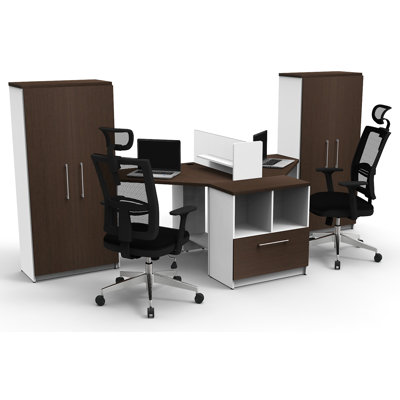 Bureau en coin de travail en équipe, modèle de bureau 0D0F1EDE770F4E119E091A6A0E3106FA, groupe de 6 pièces blanc contemporain / couleur espresso. Sièges non inclus