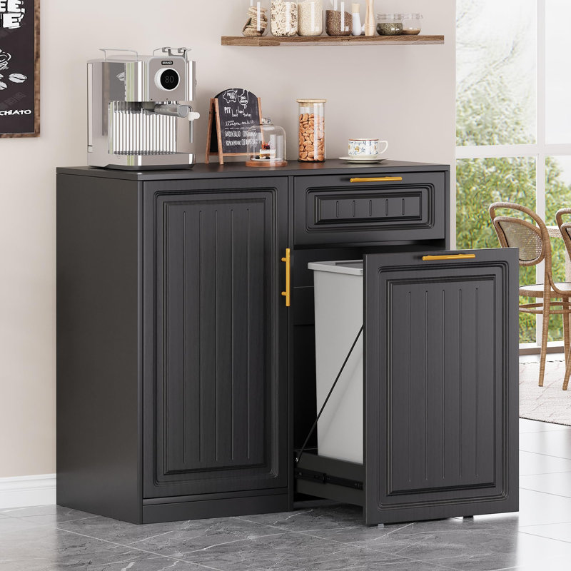 13 Gallons Pull Out Trash Can Cabinet with Storage, Freestanding Kitchen Trash Cabinet with Drawer & Adjustable Shelf, Pet Proof Hidden Trash Bin Holder for Kitchen, Laundry, Living Room, Black
