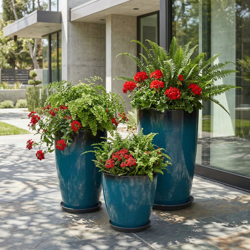 Aldan 24/21/10 Inch Glossy Planters, Porcelain-Look Tall Round Plant Pots with Drainage Holes and Saucers Blue, Blue