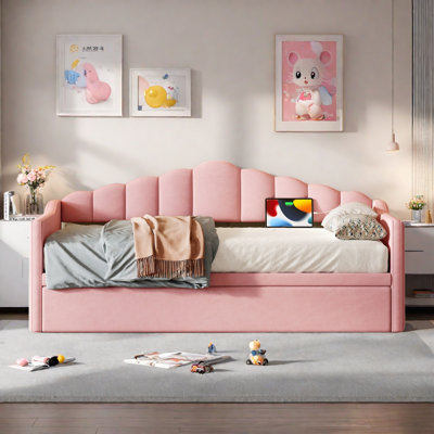 Upholstered Daybed With Pop Up Trundle, Charging Ports, 2 Side Pockets And Curved Backrest Design