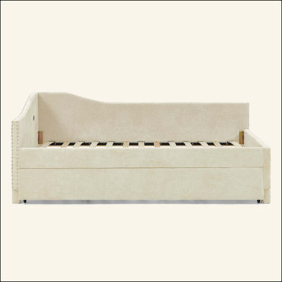 Curved Round Edge Padded Backrest Daybed, Vintage Nailhead Trim Chenille Daybed with Pull-out Trundle and USB Port