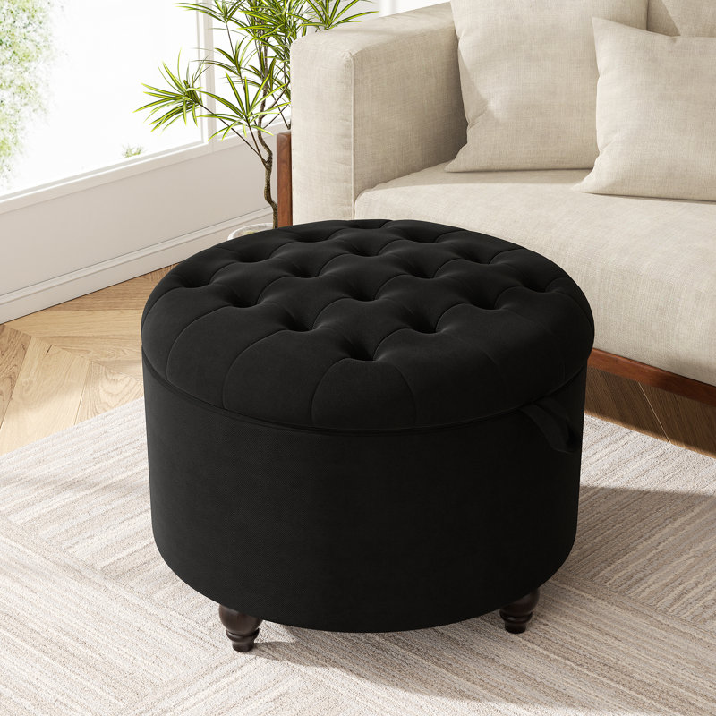 Button-Designed Upholstered Ottoman With Storage, Black