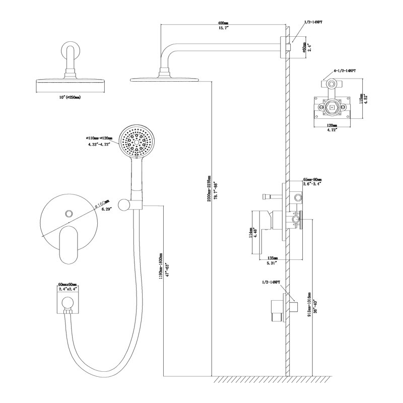 Pomme de douche à fixation au mur ronde double 10 po avec système de douche à main réglable multifonction, Nickel brossé