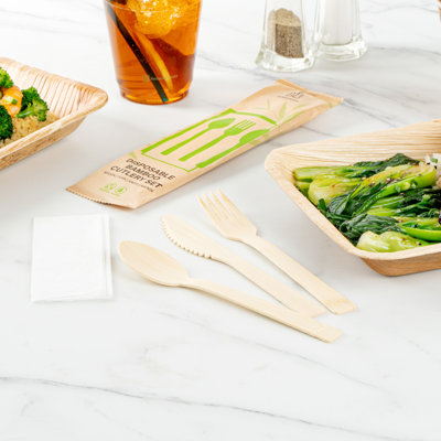 Restaurantware-Bambuddha 7 Inch Bamboo Utensil Sets, 50 Disposable Bamboo Wares - Fork, Spoon, & Knife, Smooth Finish, Bamboo Sustainable Cutlery, Withstands Heat, Alternative To Plastic Cutlery