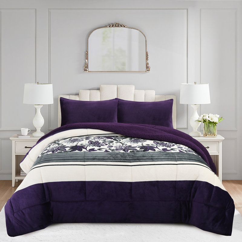 MarCielo Soft Printed Micromink Sherpa Comforter Set, 3-Piece Comforter Set – Fluffy Ultra Cozy, Warm, and Plush Reversible Comforter with 2 Pillowcase, Queen/King Size
