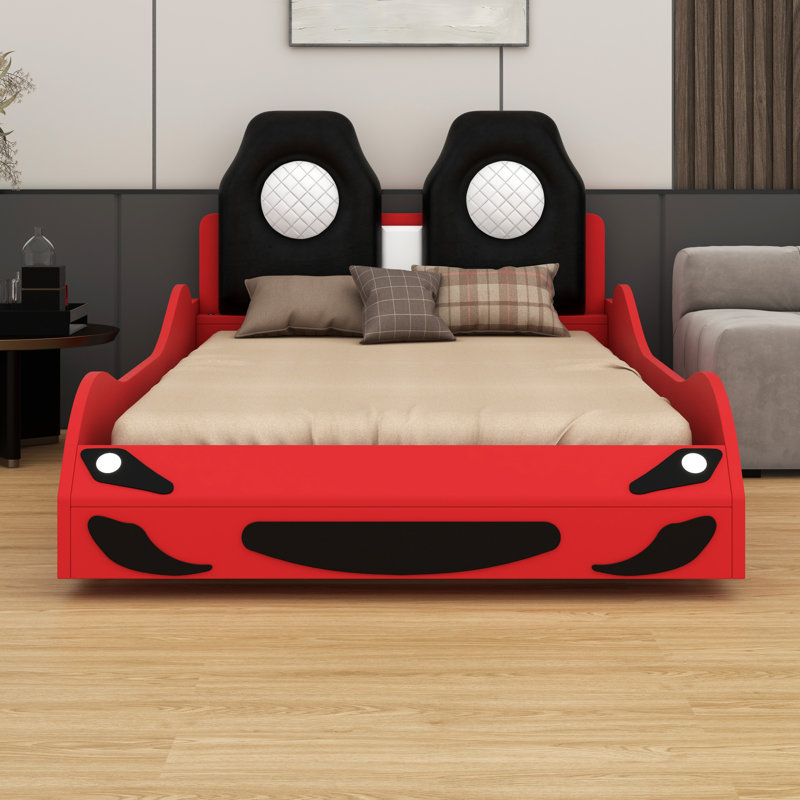 Wood Race Car-Shaped Platform Bed With LED And Upholstered Backrest
