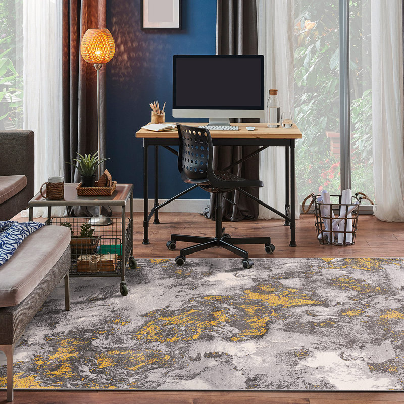 Mullenax Performance Gray/Yellow/Ivory Rug, Rectangle 5' x 7'
